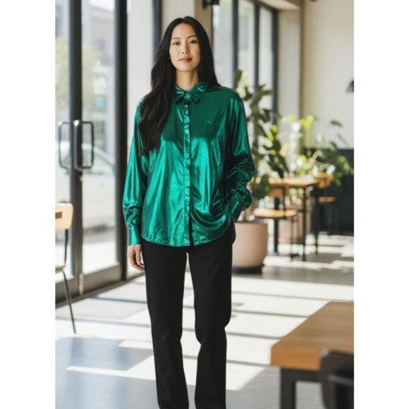 ANTHROPOLOGIE Metallic Emerald Top Blouse Button-Up Shirt Size 1X S Long Sleeve - Picture 1 of 14